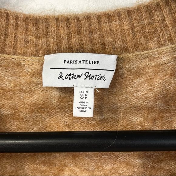 & Other Stories tan wool mohair blend button front cardigan, pockets, small - Picture 7 of 7